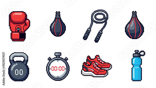 set of pixel art boxing and fitness equipment icons including glove jump rope and stopwatch