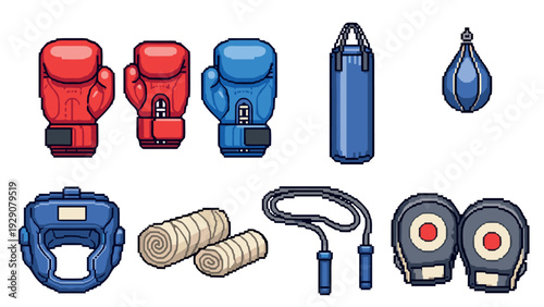 boxing equipment set pixel art with gloves headgear punching bags jump rope and hand wraps