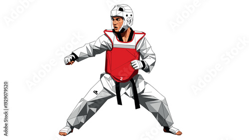 taekwondo fighter in red protector and white helmet hand drawn geometric style martial arts illustration