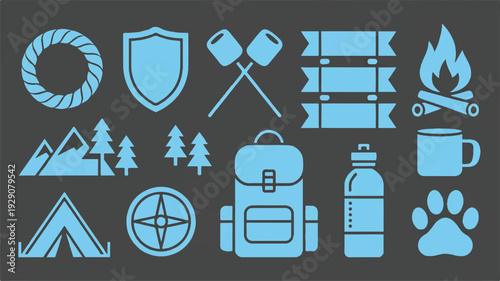 blue camping icons on grey background