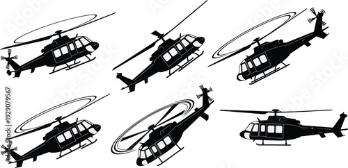 Black silhouette helicopters in various flying positions silhouettes white background