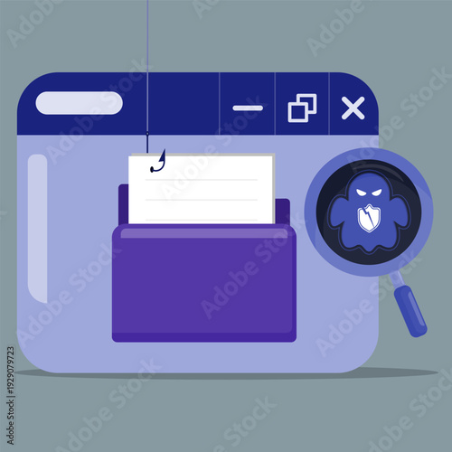 Phishing file hook inside inbox with ghosthack icon and magnifier, representing cyber attack, email scam, data theft and online security threat.