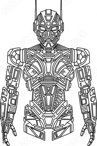 Detailed line art illustration of a futuristic humanoid robot torso with intricate mechanical design and advanced technological features.