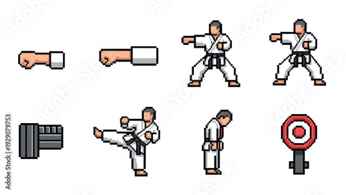 pixel art karate fighter punching kicking and bowing set with target and gloves icons