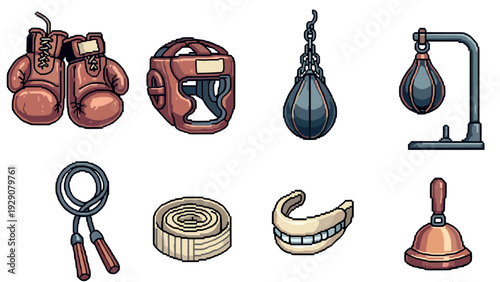 boxer equipment set hand drawn boxing gloves headgear punching bags jump rope mouthguard and bell collection