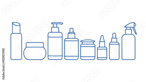 blue line icons of various cosmetic product bottles and containers in a row