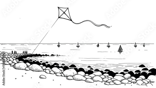 people flying kite on rocky beach near sailboats hand drawn black and white illustration
