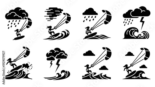 set of hand drawn kite surfing silhouettes with storm and wave elements