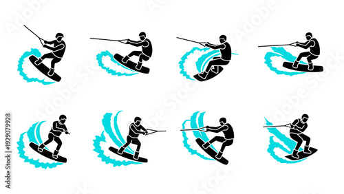 collection of hand drawn wakeboarder silhouettes with water splashes in black and blue