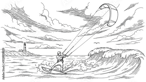 man kite surfing on ocean waves with lighthouse background hand drawn line art