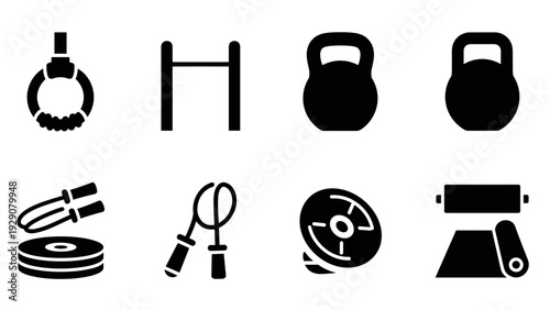 set of fitness and gym equipment icons in black silhouette style for workout and exercise