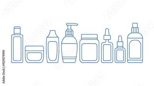 Blue line icons of various cosmetic product bottles and jars in a row