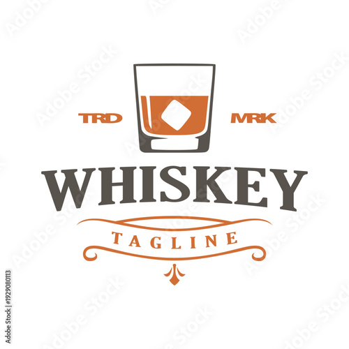 Vintage Whiskey Glass Logo with Ice Cube and Decorative Flourish for Bar and Distillery Branding Vector Illustration