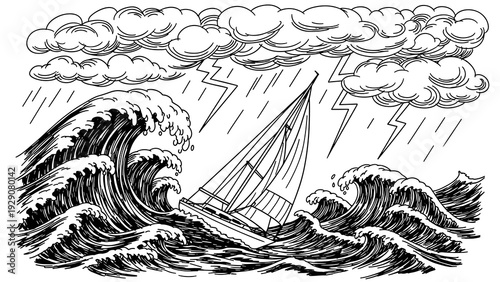 sailboat facing stormy sea with large waves hand drawn black and white illustration