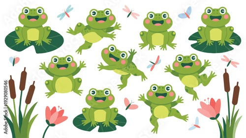 cartoon frogs and insects on lily pads with flowers and cattails