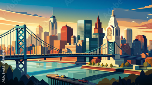 Very beautiful wide panorama of Philadelphia skyline and the Benjamin Franklin Bridge, expansive urban horizon blending river, steel cables, and towering buildings into a balanced metropolitan composi