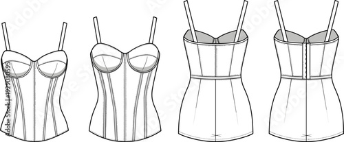 Women Corset Top Technical Fashion Drawing Front and Back View Isolated on White Background Apparel Design Vector Template