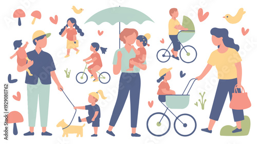 Cartoon illustration of a happy family spending time together outdoors on a sunny day