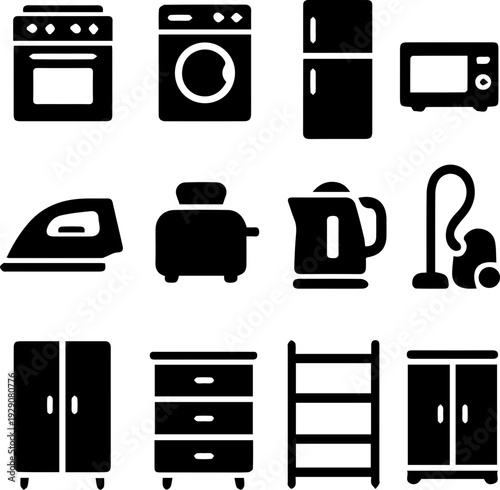 Kitchen Furniture and Appliance Silhouette Icon Set