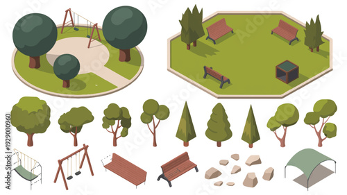 cartoon park elements with trees benches and swings