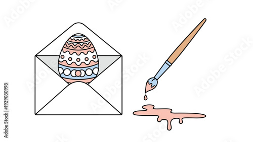 Creative Easter illustration shows a decorated egg tucked into a white envelope alongside a paintbrush with dripping pink paint.