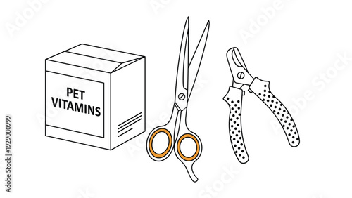 Essential pet grooming and health products include a box of pet vitamins, grooming scissors, and specialized claw clippers for dogs or cats.