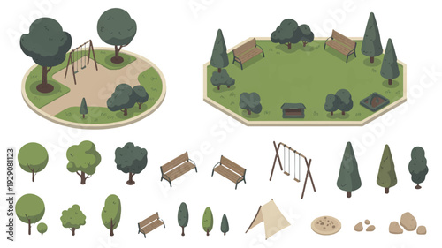 cartoon park landscape elements and trees on white background