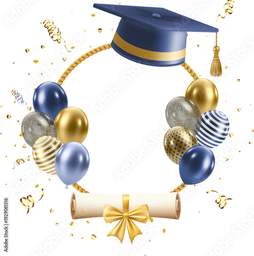 Graduation celebration frame with hat, balluns and diploma. Luxury border for graduate party design card and posters. Vector illustration Eps 10.