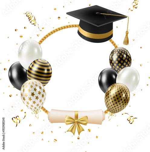 Graduation celebration frame with hat, balluns and diploma. Luxury border for graduate party design card and posters. Vector illustration Eps 10.