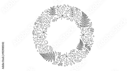 Detailed line art wreath composed of various autumn leaves such as maple and oak for seasonal fall decorations and botanical illustrations.