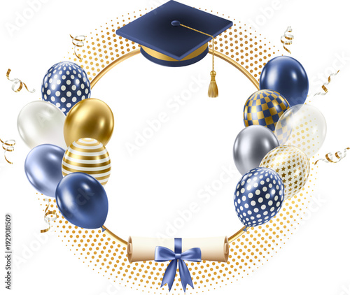Graduation celebration frame with hat, balluns and diploma. Luxury border for graduate party design card and posters. Vector illustration Eps 10.