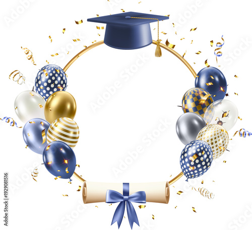 Graduation celebration frame with hat, balluns and diploma. Luxury border for graduate party design card and posters. Vector illustration Eps 10.