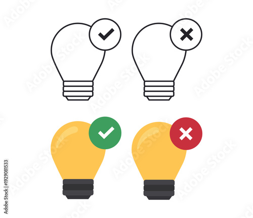Light bulb with checkmark and cross icons set, idea validation symbols for right and wrong choice solution and error vector illustration