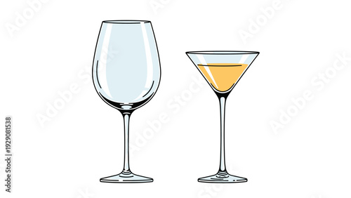 Elegant wine glass and a cocktail glass filled with yellow liquid for social events, parties, and beverage menu illustrations on white background.