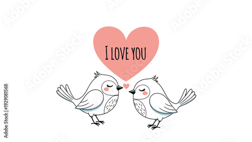 Two cute little birds touching beaks under a large pink heart with the text I love you for romantic valentine and anniversary greetings.