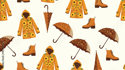 Cheerful seamless pattern of yellow raincoats with sunflowers, brown umbrellas, and matching boots for autumn rain and fall fashion themes.