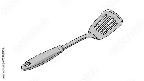 Simple gray kitchen spatula or turner with a slotted head and ergonomic handle for cooking and food preparation tasks in a home kitchen.