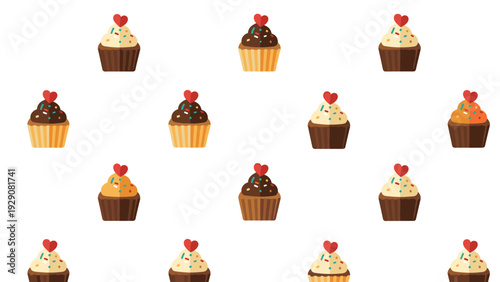 Sweet pattern of delicious cupcakes with various frostings and heart shaped toppers for birthday, bakery, and party theme backgrounds.