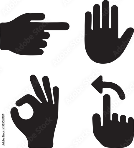 Four black silhouette hand gestures pointing open ok and thumb down