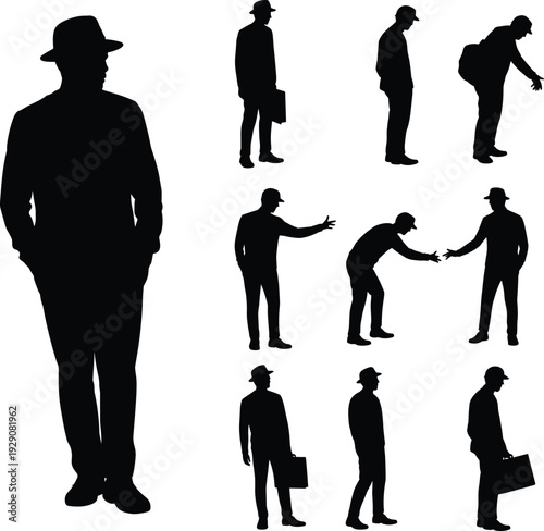 Large collection of black silhouettes featuring professional men in hats and suits standing walking and shaking hands isolated on white background for business concepts