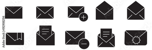 Envelope icon set, email symbol vector pack, editable, isolated, black and blue design, messaging UI clipart, communication graphic