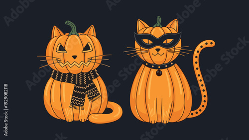 Two cute cats wearing pumpkin costumes and masks for Halloween celebration against a dark night background for spooky animal themes.
