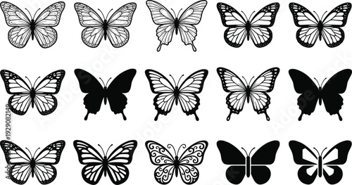 Butterfly silhouette set vector illustration, black detailed monarch swallowtail ornate wings collection for nature beauty tattoo spring decor and minimalist designs