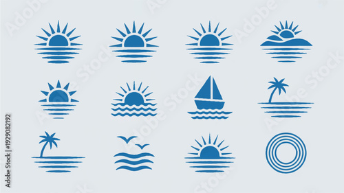 collection of blue nautical icons on light gray background
