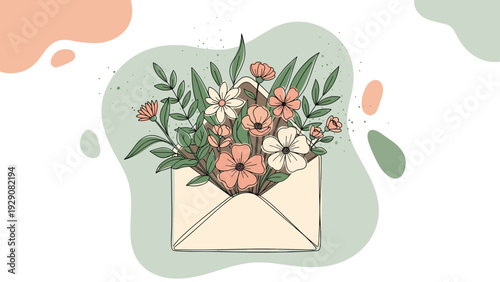 Elegant open envelope reveals a beautiful bouquet of hand drawn pink and white wild flowers with green leaves on an abstract background.