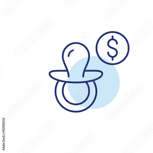 Baby pacifier and dollar. Childcare cost, baby expenses, family budget and shopping. Pixel perfect, editable stroke vector icon