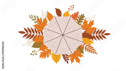 Stylized patterned umbrella is surrounded by a dense arrangement of colorful autumn leaves in shades of orange yellow and brown on white.