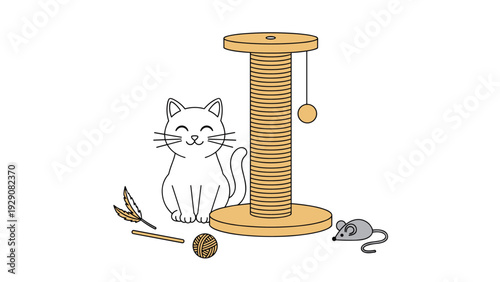 Happy white cat sits next to a tall rope scratching post surrounded by its favorite toys including a mouse a ball and feathers.