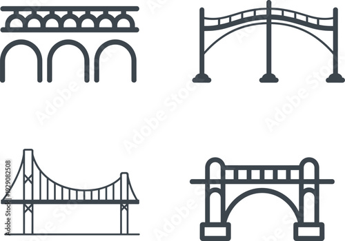 Architectural bridge icon set with stone arch bridge, suspension bridge, modern overpass and viaduct infrastructure silhouettes