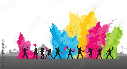 People celebrating with colorful smoke bombs in city setting vibrant pink blue yellow and green hues energetic atmosphere